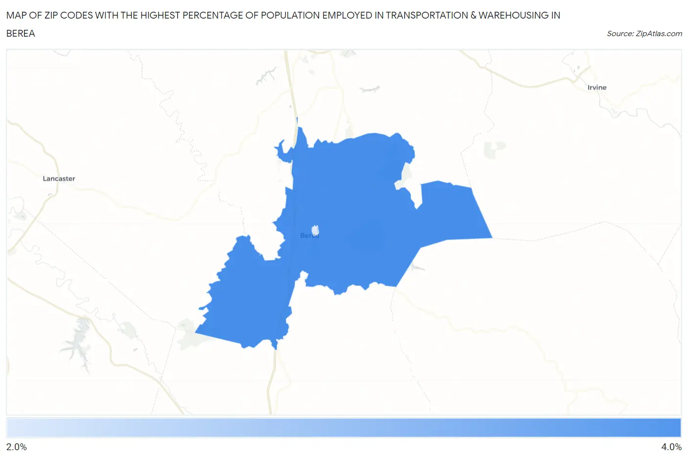 Zip Codes with the Highest Percentage of Population Employed in Transportation & Warehousing in Berea Map