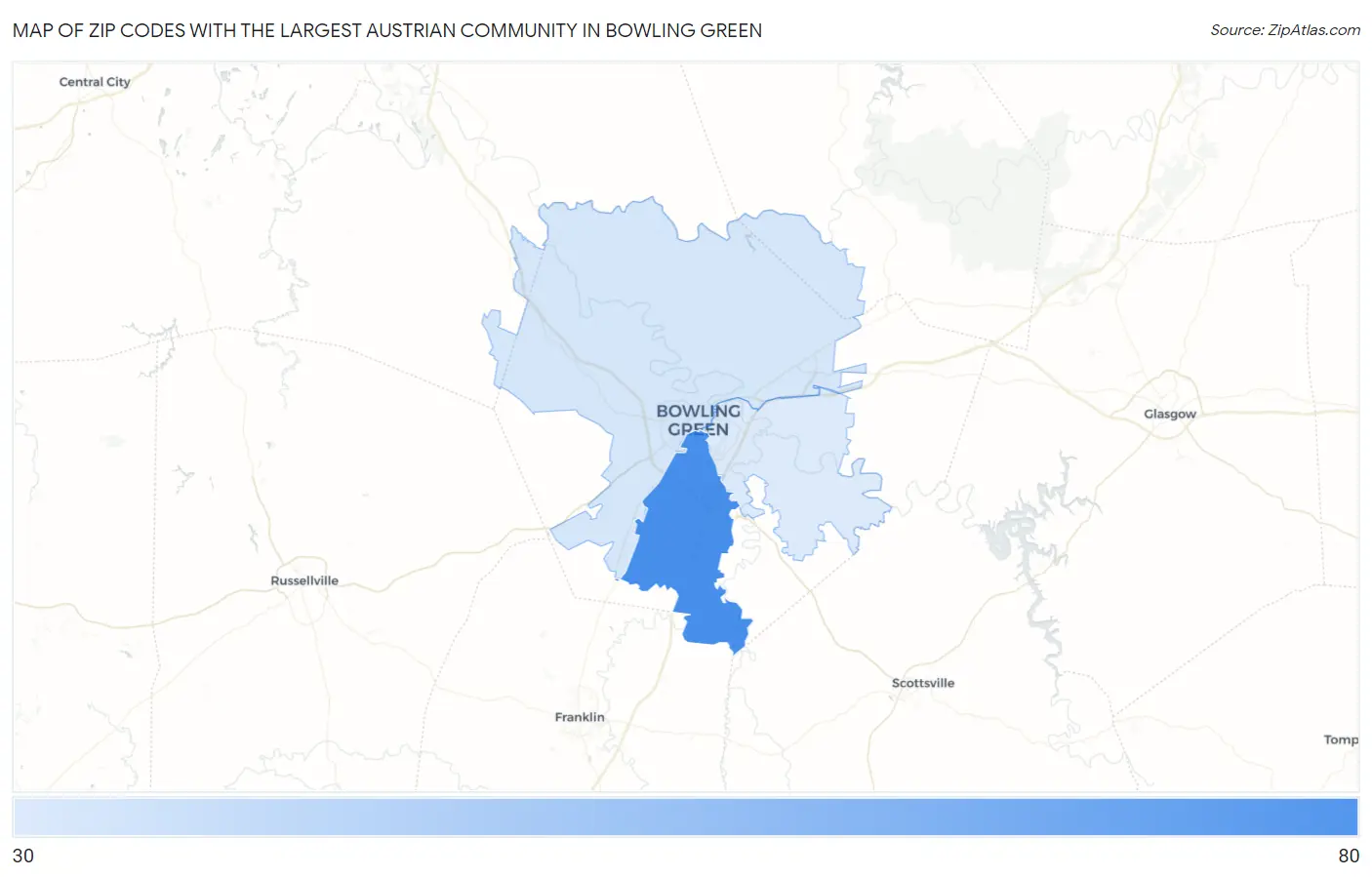 Zip Codes with the Largest Austrian Community in Bowling Green Map