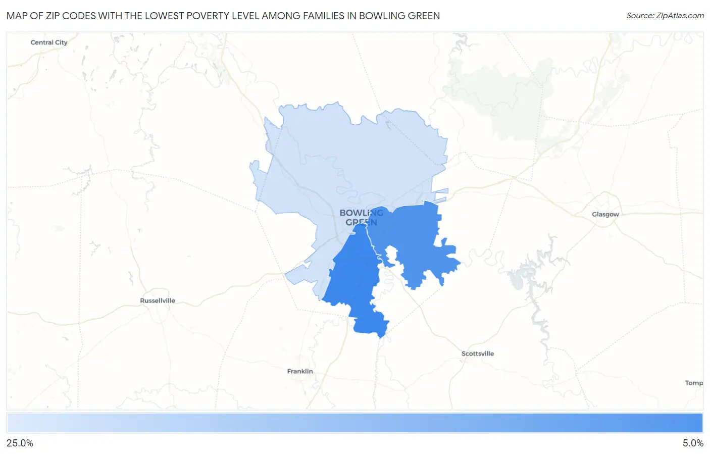 Zip Codes with the Lowest Poverty Level Among Families in Bowling Green Map