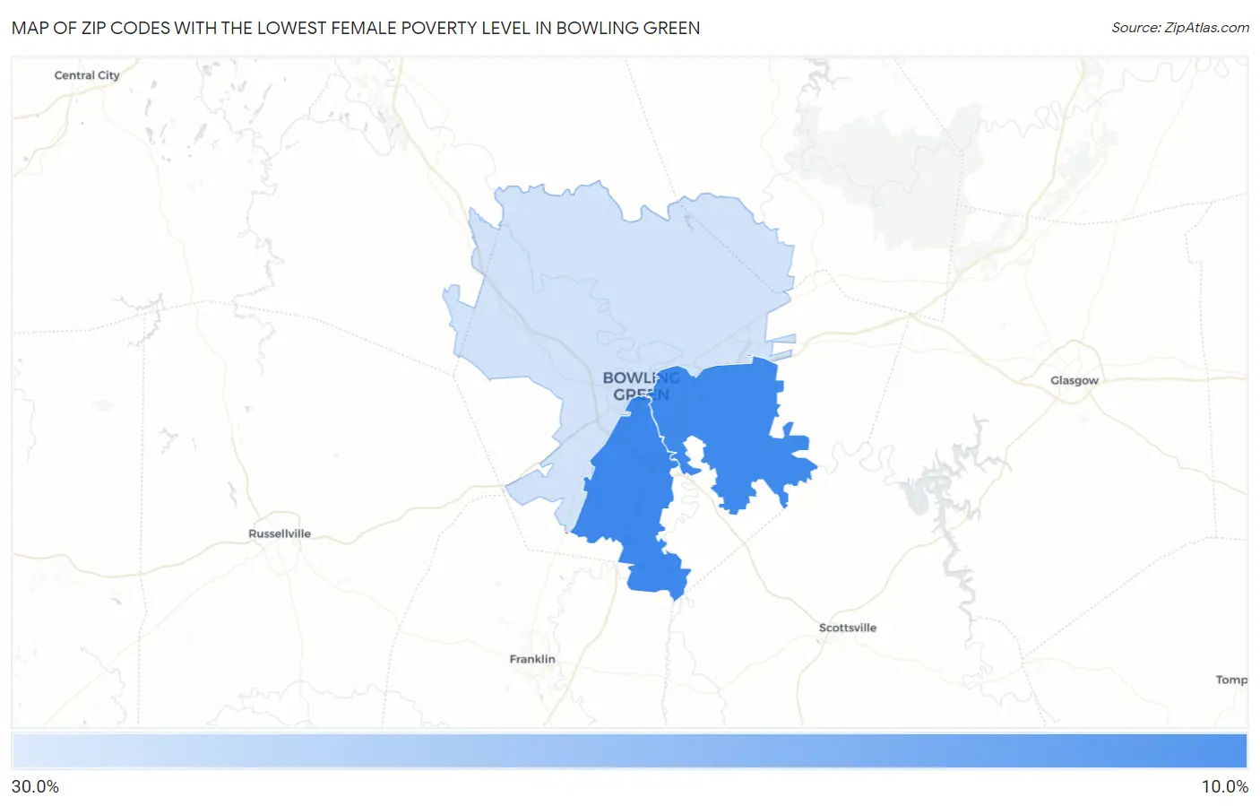 Zip Codes with the Lowest Female Poverty Level in Bowling Green Map