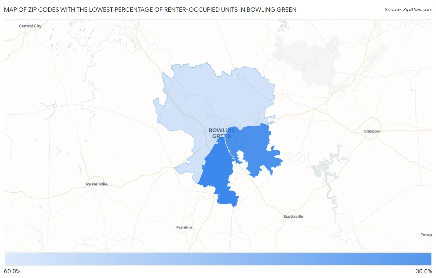 Zip Codes with the Lowest Percentage of Renter-Occupied Units in Bowling Green Map