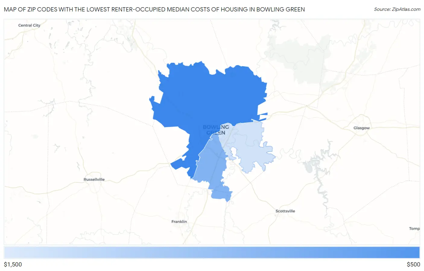 Zip Codes with the Lowest Renter-Occupied Median Costs of Housing in Bowling Green Map