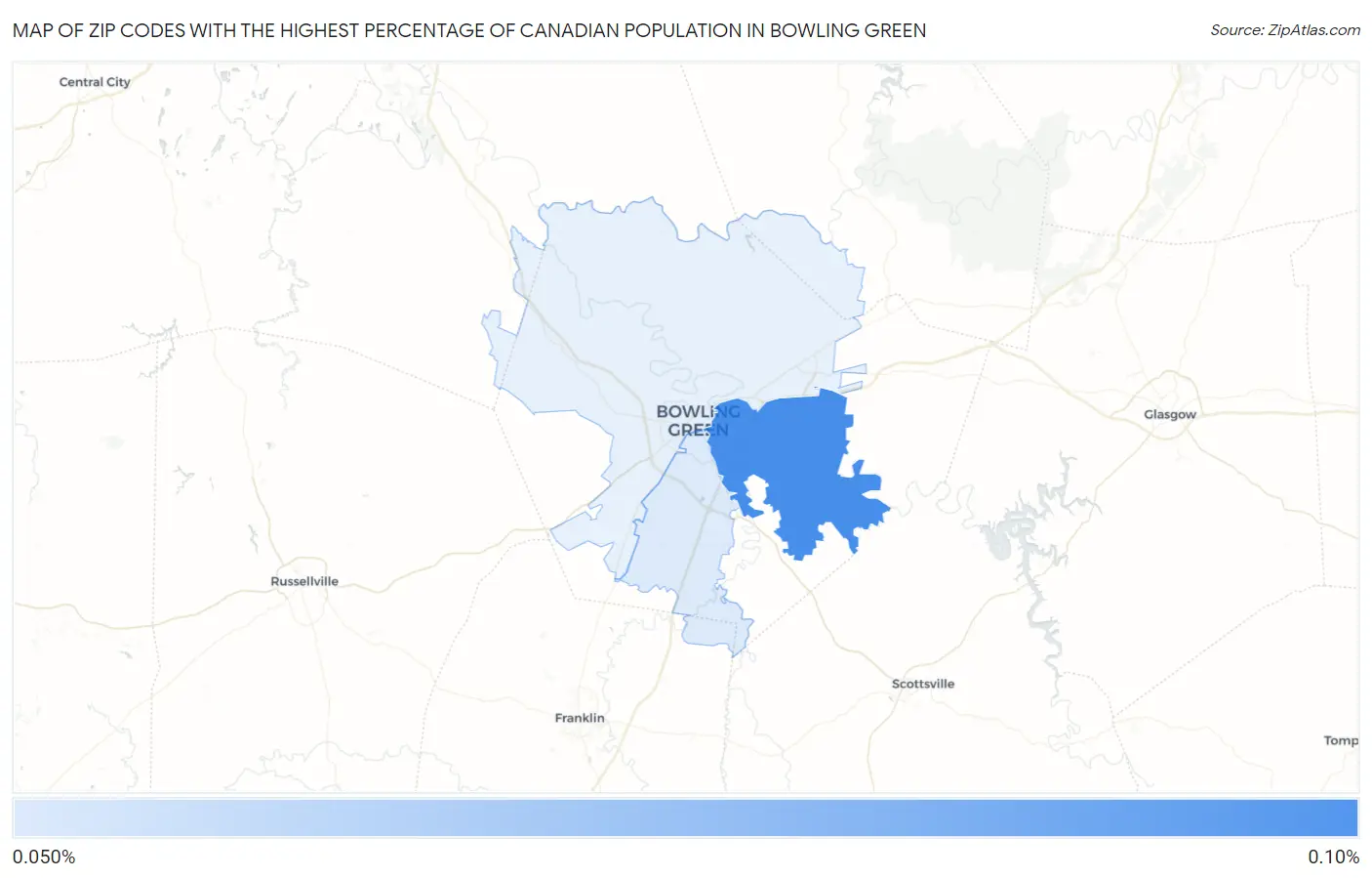 Zip Codes with the Highest Percentage of Canadian Population in Bowling Green Map