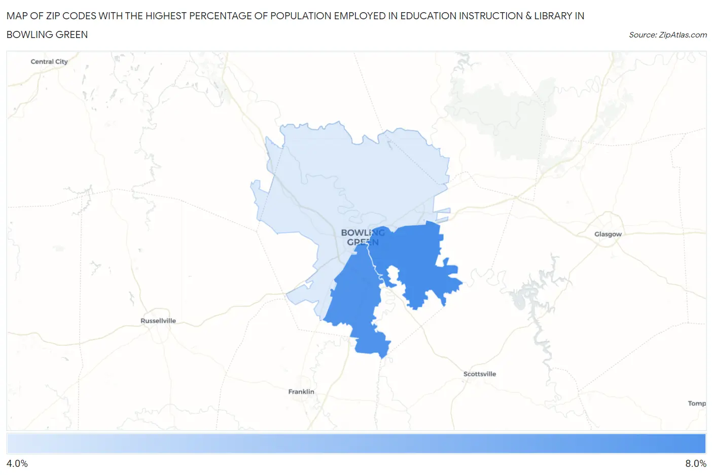 Zip Codes with the Highest Percentage of Population Employed in Education Instruction & Library in Bowling Green Map