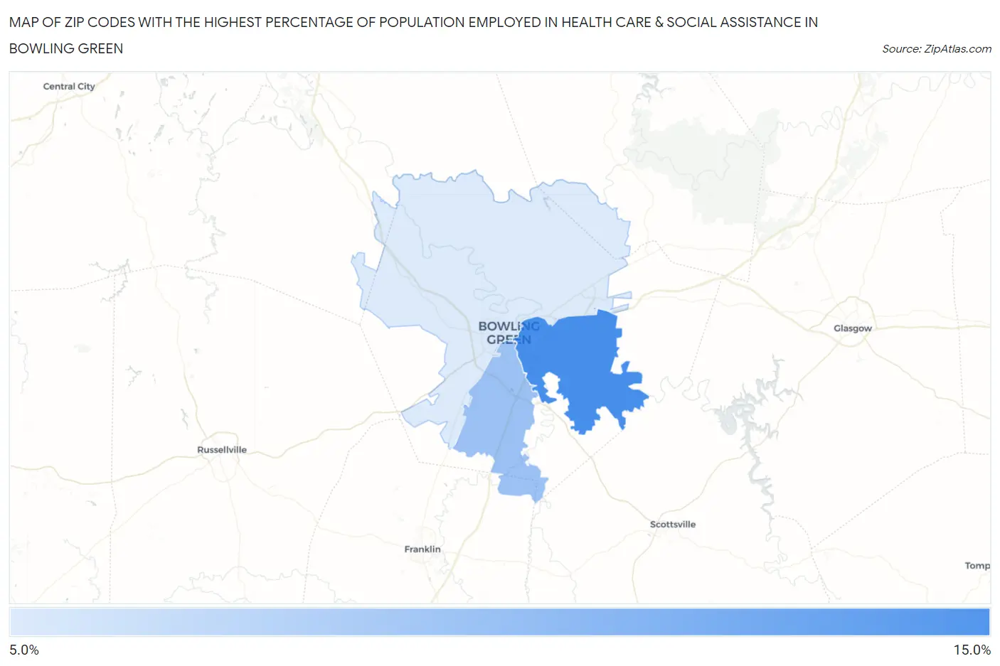 Zip Codes with the Highest Percentage of Population Employed in Health Care & Social Assistance in Bowling Green Map