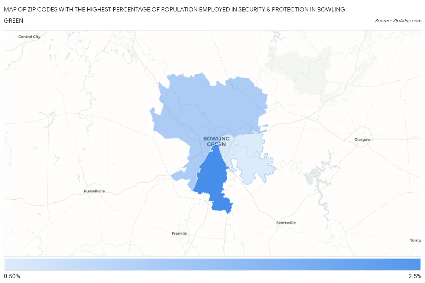 Zip Codes with the Highest Percentage of Population Employed in Security & Protection in Bowling Green Map