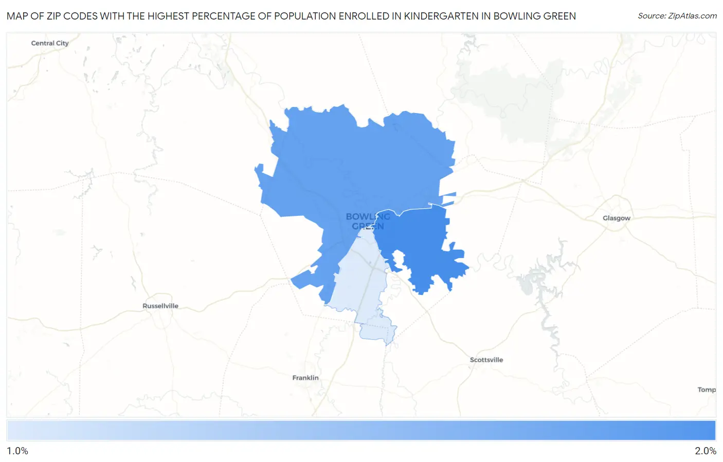 Zip Codes with the Highest Percentage of Population Enrolled in Kindergarten in Bowling Green Map