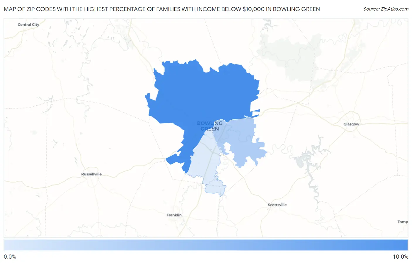 Zip Codes with the Highest Percentage of Families with Income Below $10,000 in Bowling Green Map