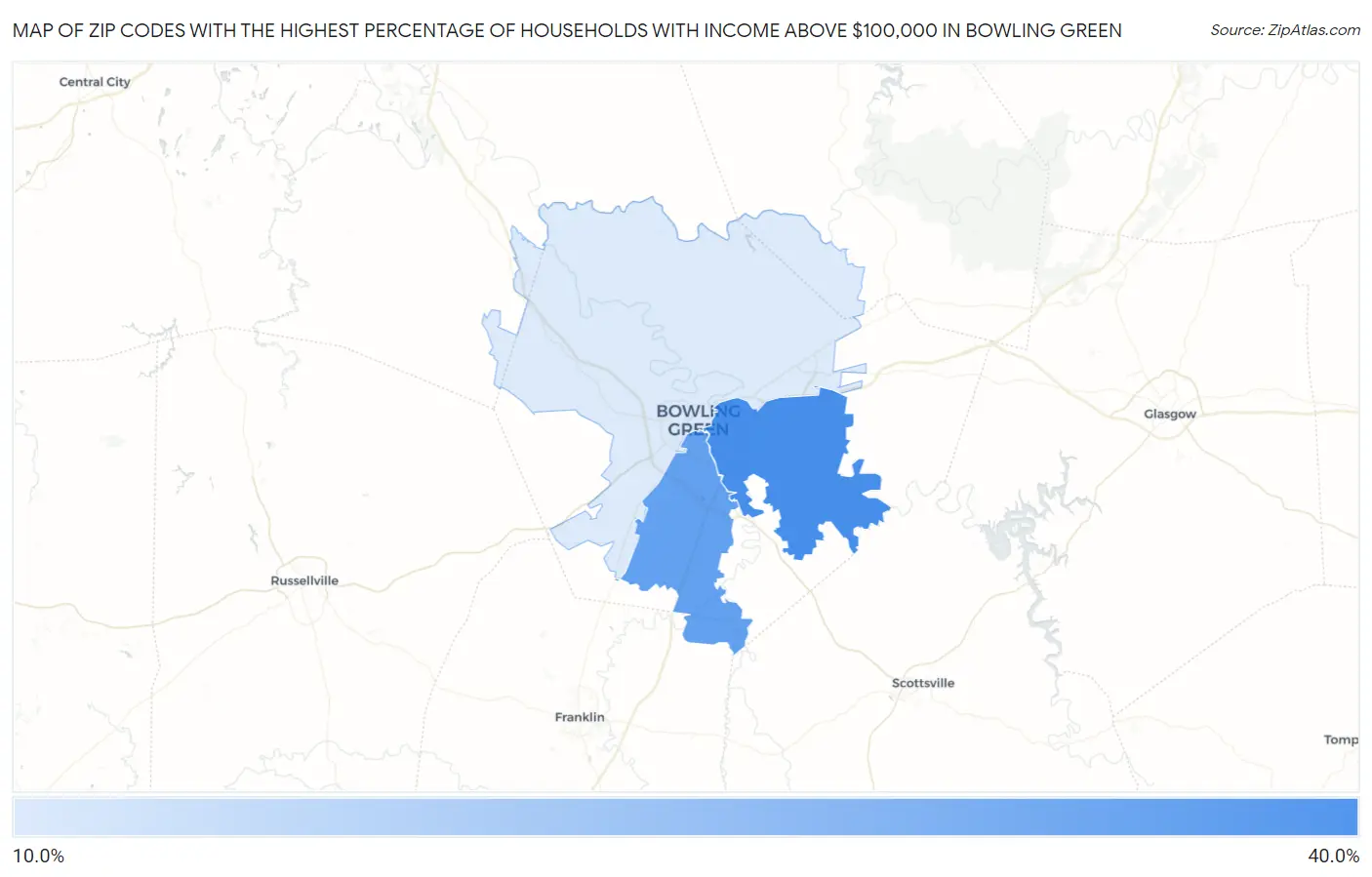 Zip Codes with the Highest Percentage of Households with Income Above $100,000 in Bowling Green Map