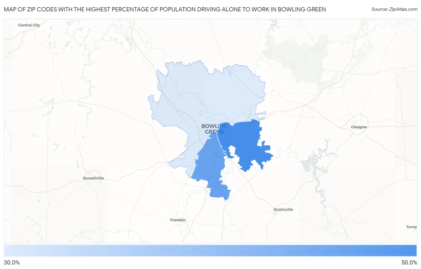 Zip Codes with the Highest Percentage of Population Driving Alone to Work in Bowling Green Map