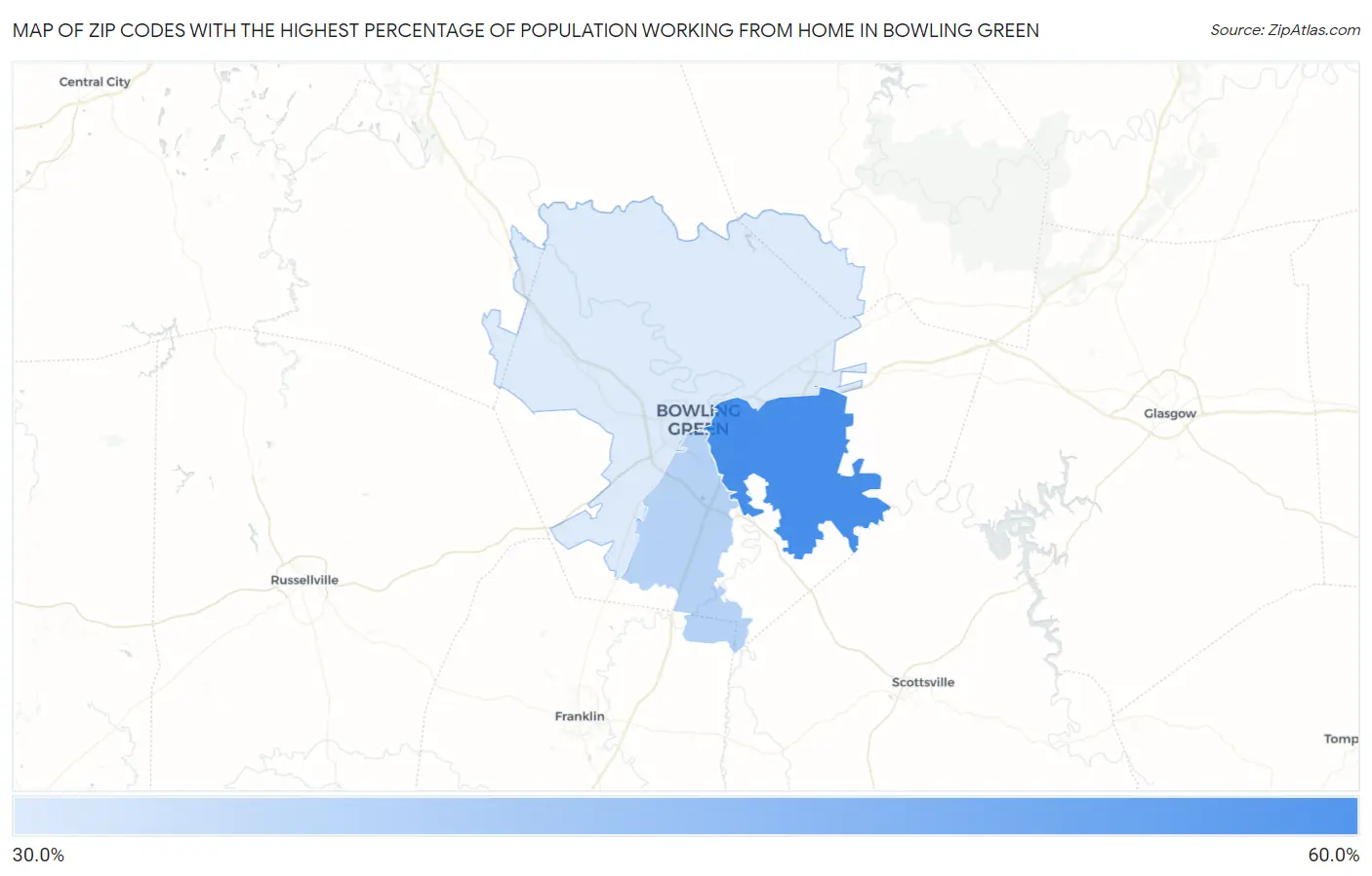 Zip Codes with the Highest Percentage of Population Working from Home in Bowling Green Map