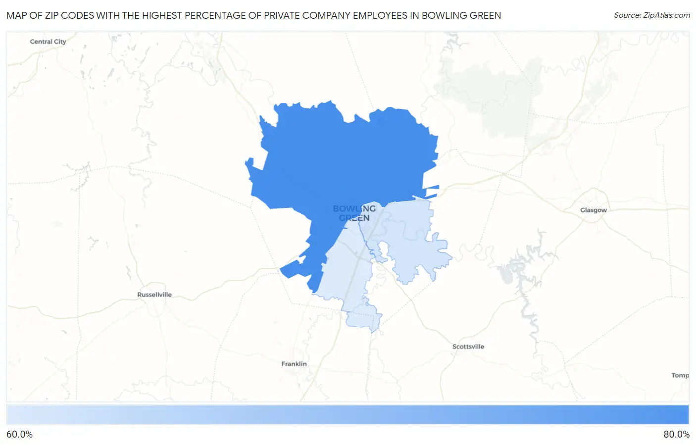 Zip Codes with the Highest Percentage of Private Company Employees in Bowling Green Map