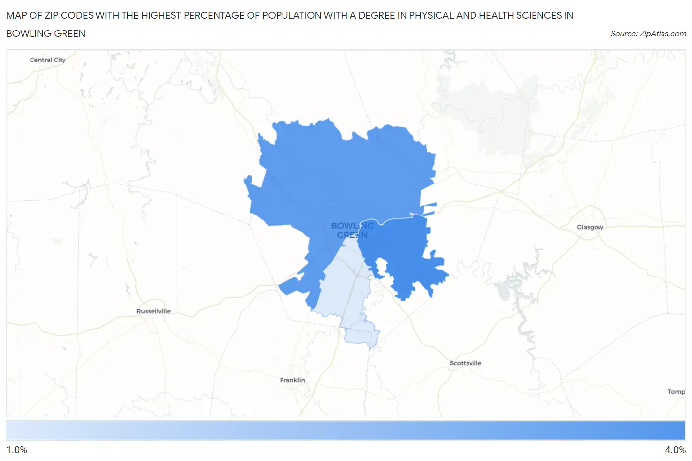 Zip Codes with the Highest Percentage of Population with a Degree in Physical and Health Sciences in Bowling Green Map