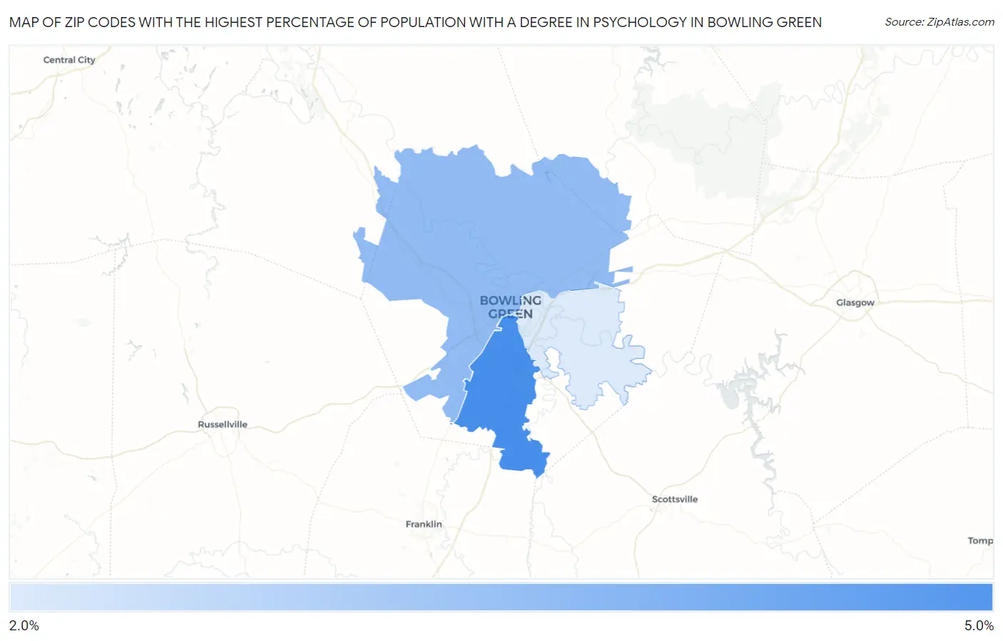 Zip Codes with the Highest Percentage of Population with a Degree in Psychology in Bowling Green Map