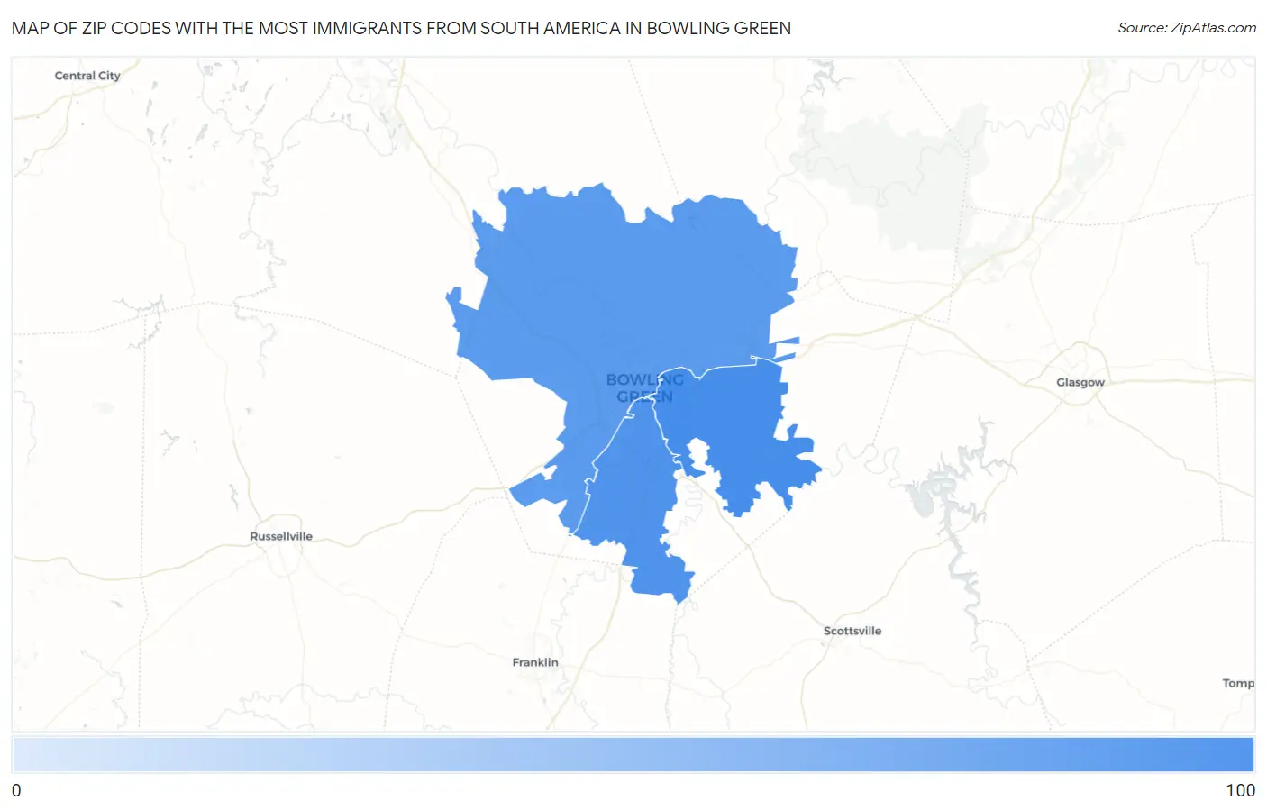 Zip Codes with the Most Immigrants from South America in Bowling Green Map