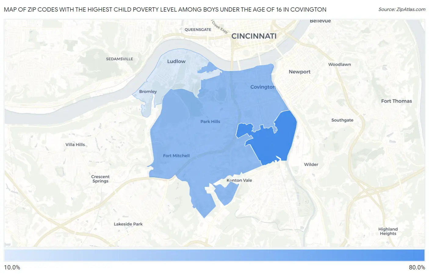 Zip Codes with the Highest Child Poverty Level Among Boys Under the Age of 16 in Covington Map