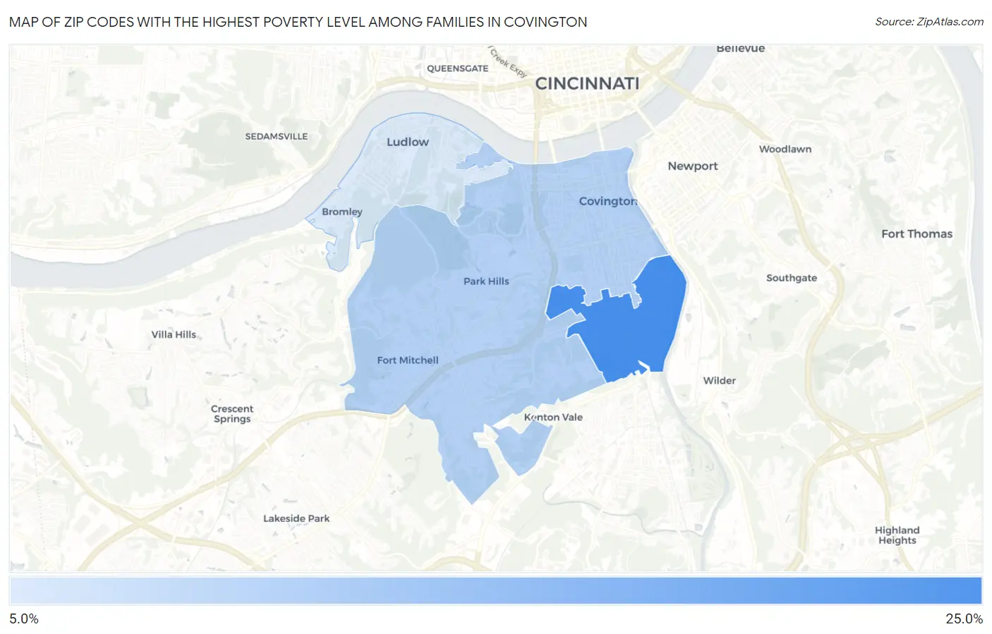 Zip Codes with the Highest Poverty Level Among Families in Covington Map