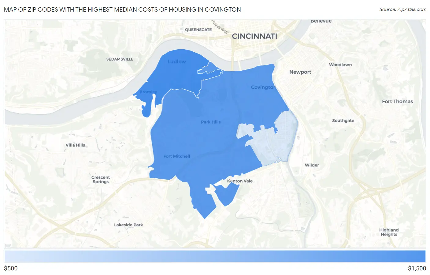 Zip Codes with the Highest Median Costs of Housing in Covington Map
