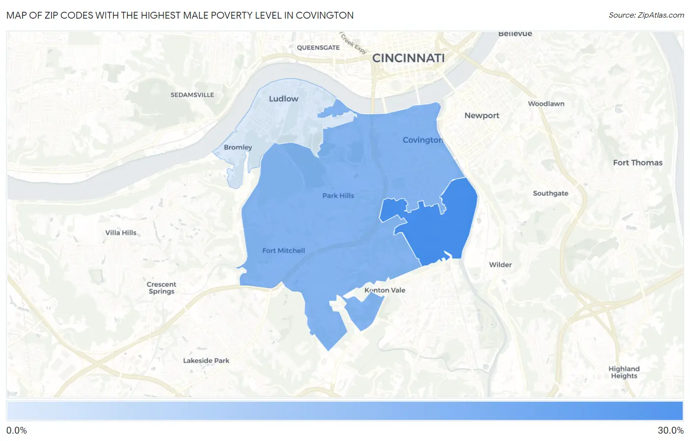 Zip Codes with the Highest Male Poverty Level in Covington Map