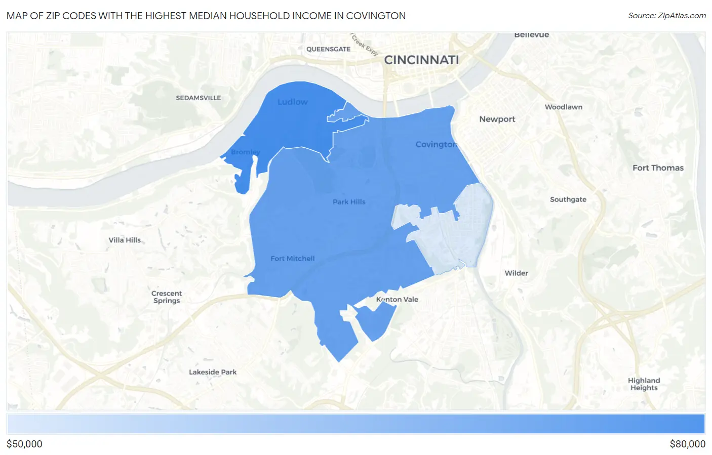 Zip Codes with the Highest Median Household Income in Covington Map