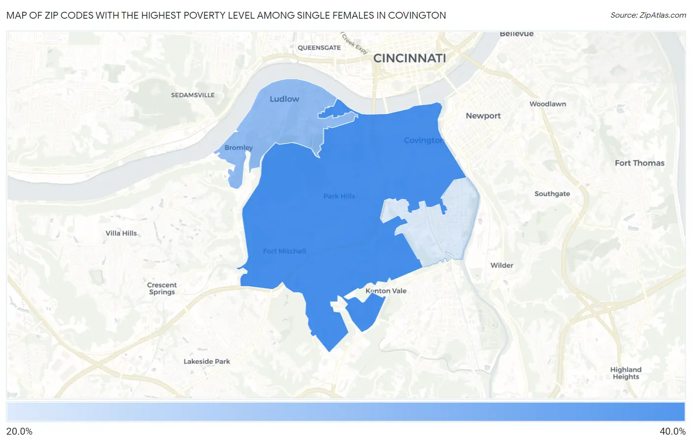 Zip Codes with the Highest Poverty Level Among Single Females in Covington Map