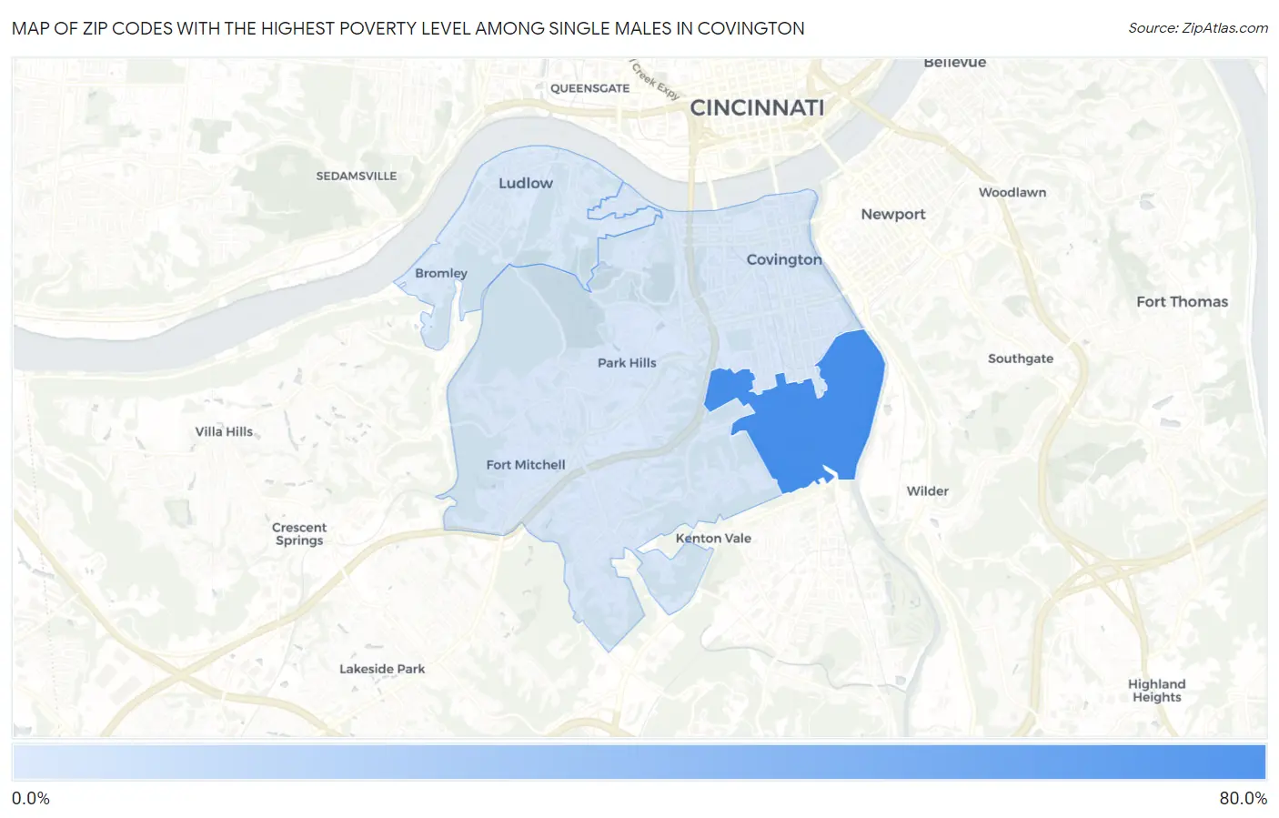 Zip Codes with the Highest Poverty Level Among Single Males in Covington Map