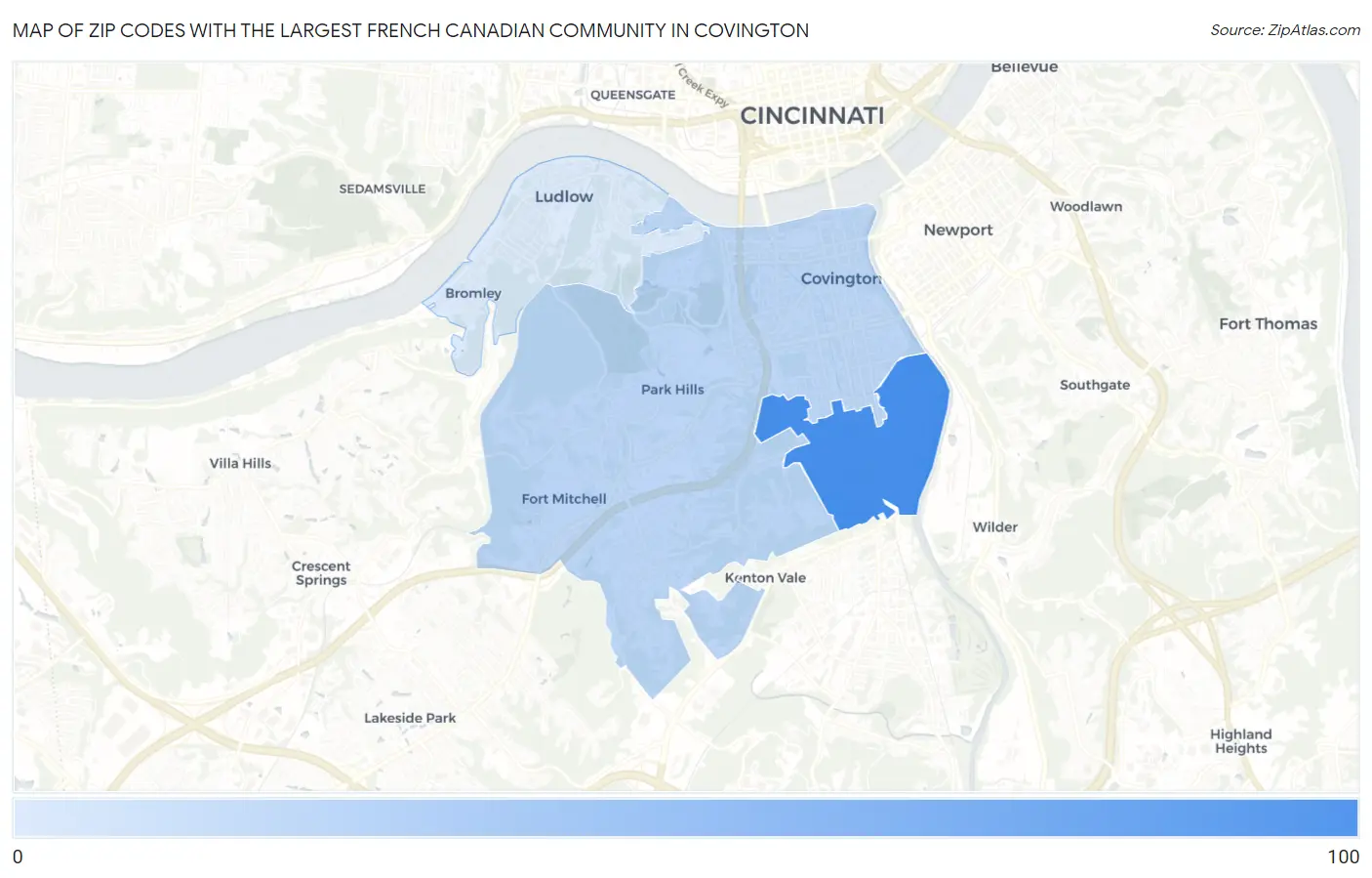 Zip Codes with the Largest French Canadian Community in Covington Map