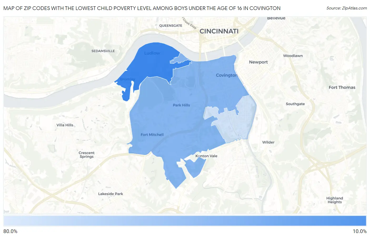 Zip Codes with the Lowest Child Poverty Level Among Boys Under the Age of 16 in Covington Map
