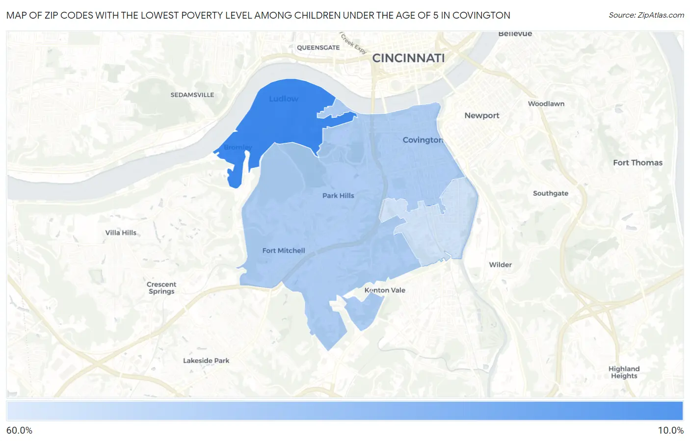 Zip Codes with the Lowest Poverty Level Among Children Under the Age of 5 in Covington Map