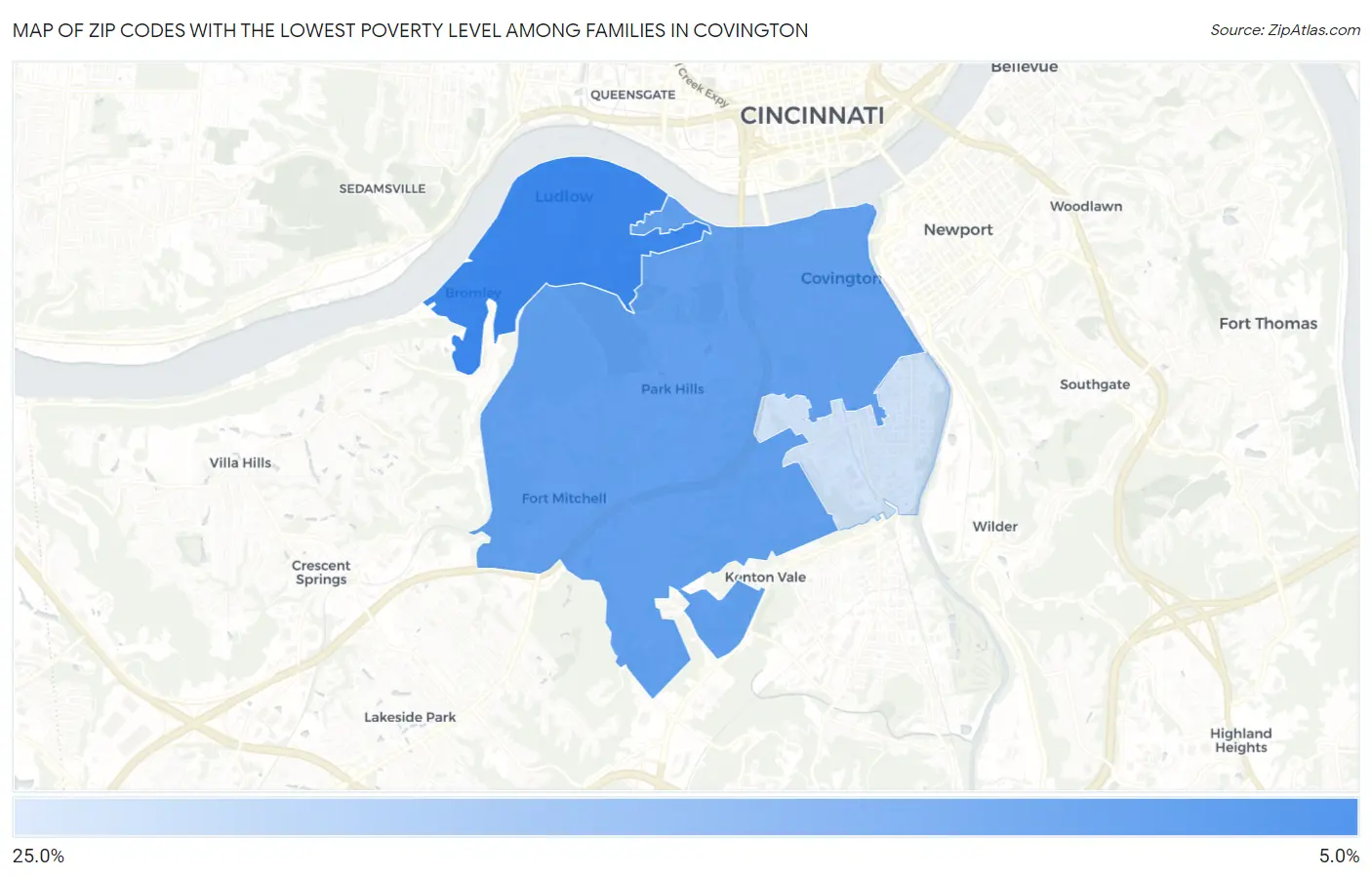 Zip Codes with the Lowest Poverty Level Among Families in Covington Map