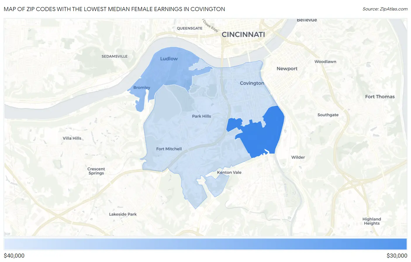 Zip Codes with the Lowest Median Female Earnings in Covington Map