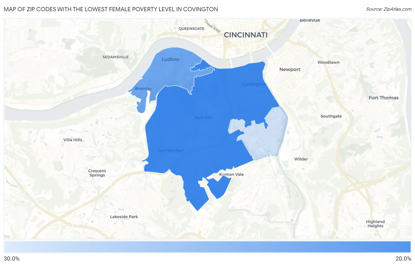 Zip Codes with the Lowest Female Poverty Level in Covington Map