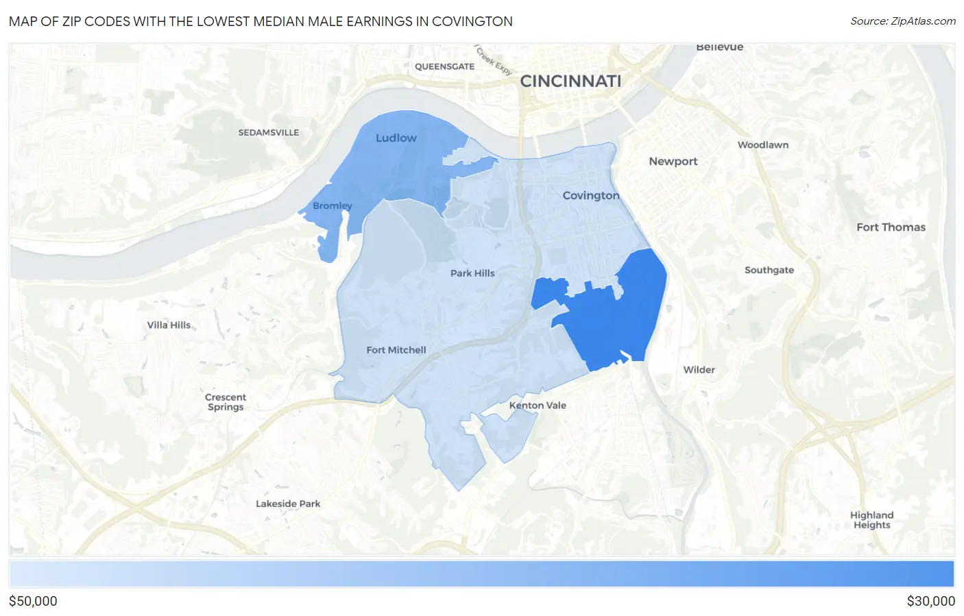 Zip Codes with the Lowest Median Male Earnings in Covington Map