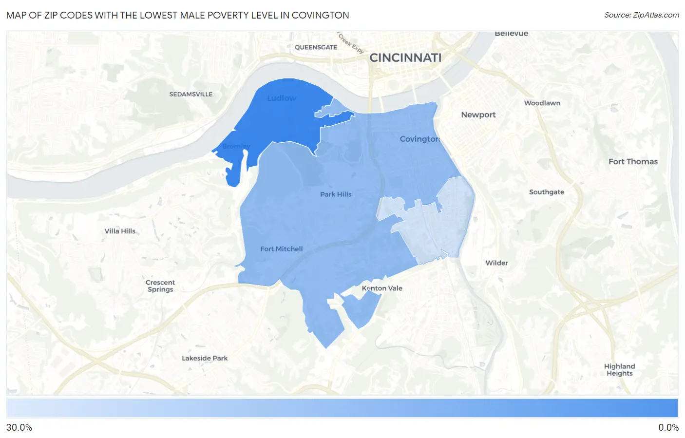 Zip Codes with the Lowest Male Poverty Level in Covington Map