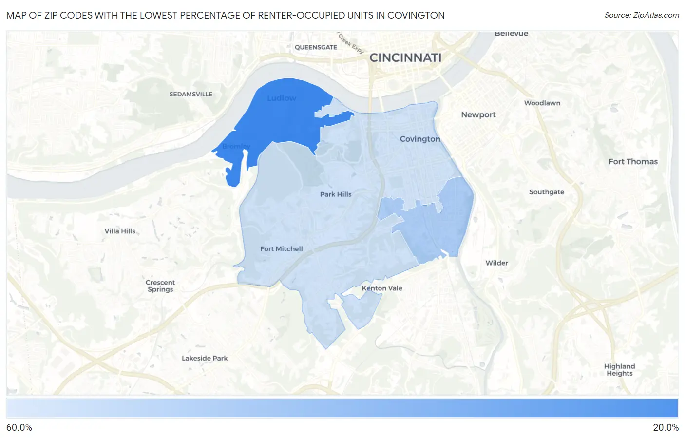 Zip Codes with the Lowest Percentage of Renter-Occupied Units in Covington Map