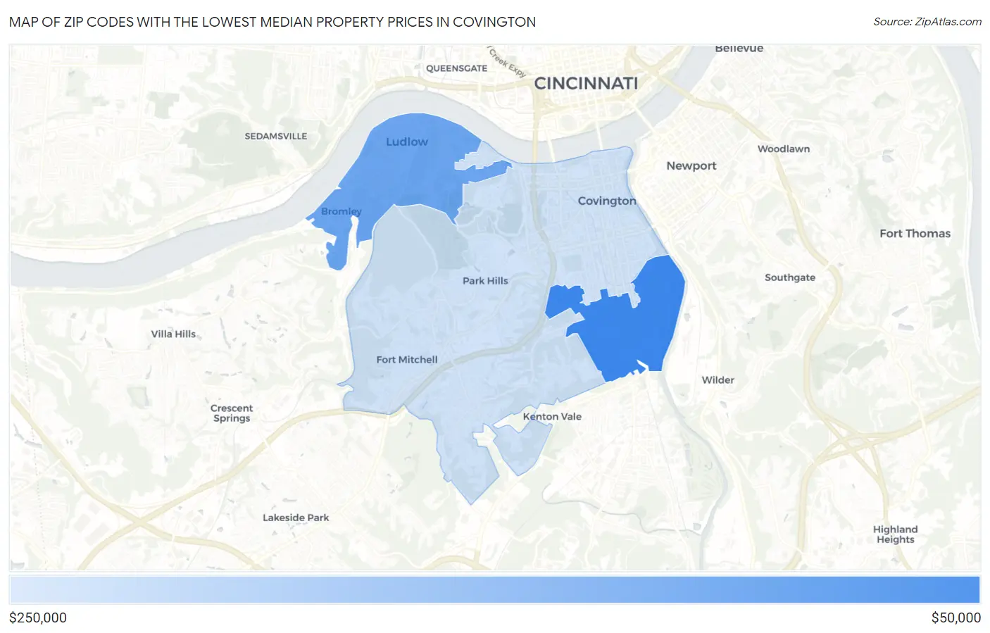 Zip Codes with the Lowest Median Property Prices in Covington Map