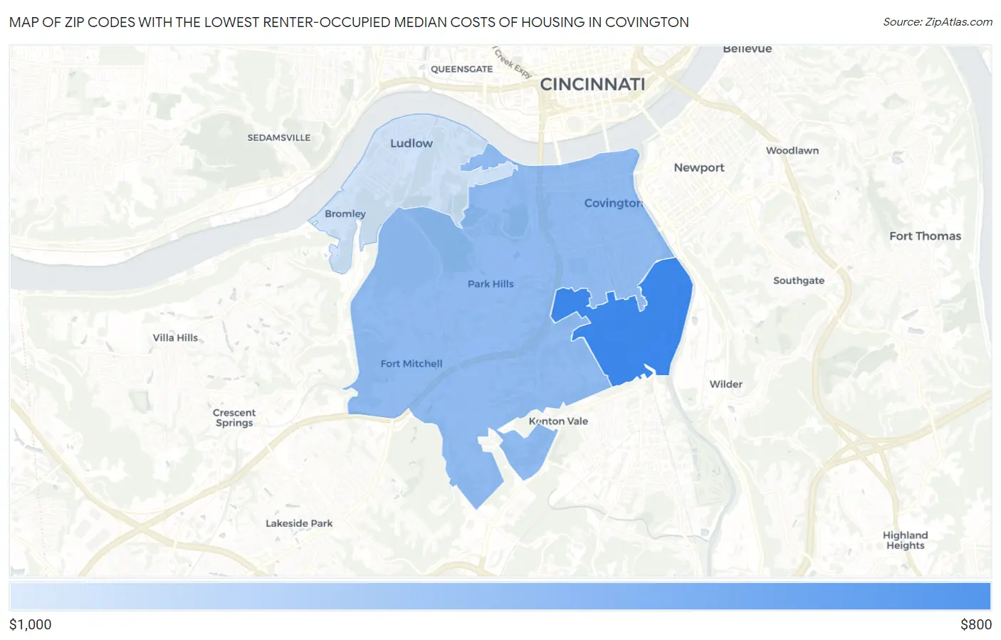 Zip Codes with the Lowest Renter-Occupied Median Costs of Housing in Covington Map