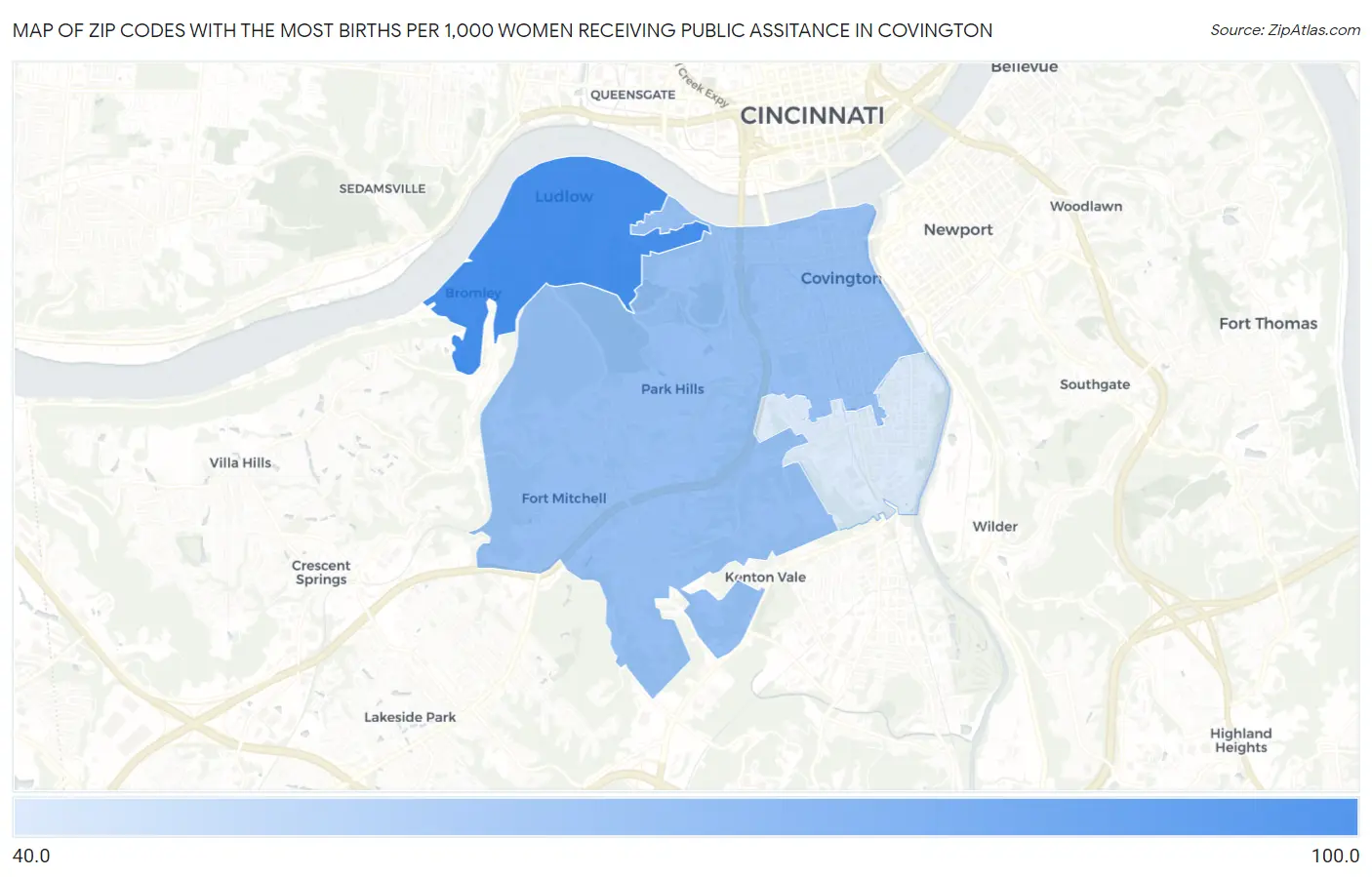 Zip Codes with the Most Births per 1,000 Women Receiving Public Assitance in Covington Map