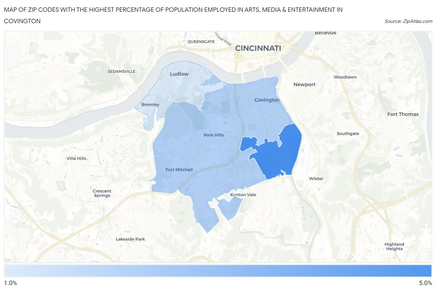 Zip Codes with the Highest Percentage of Population Employed in Arts, Media & Entertainment in Covington Map