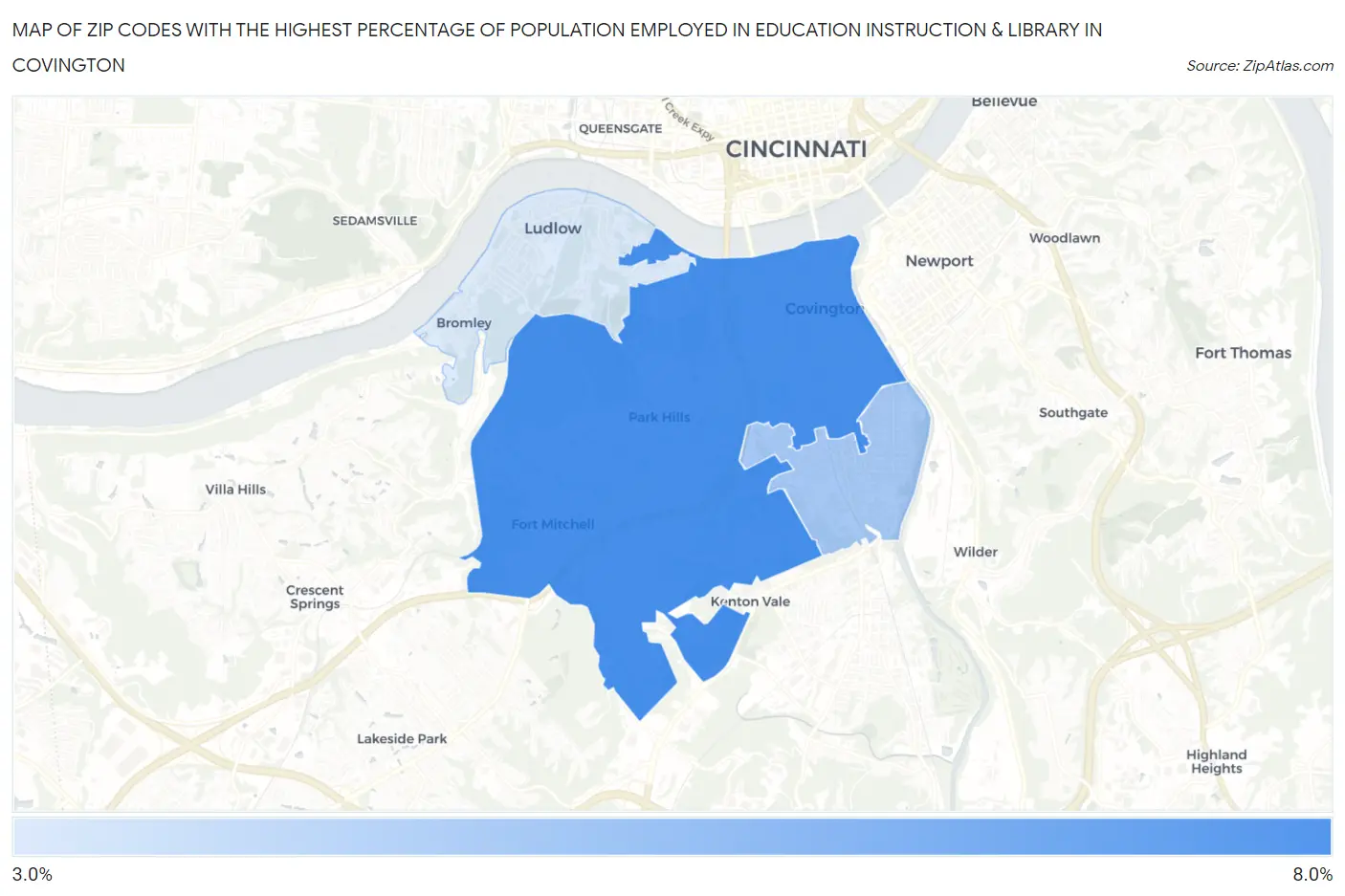 Zip Codes with the Highest Percentage of Population Employed in Education Instruction & Library in Covington Map