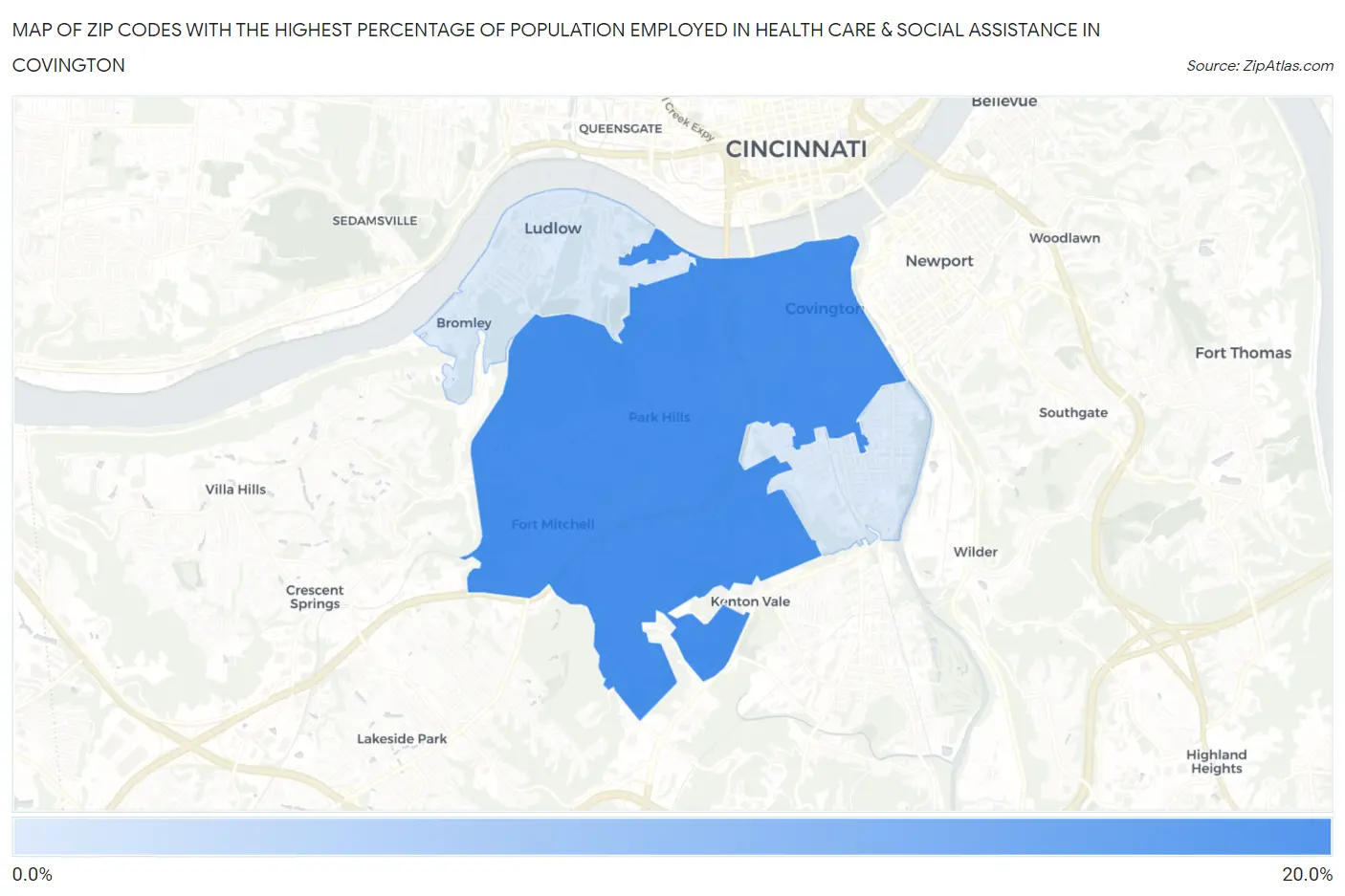 Zip Codes with the Highest Percentage of Population Employed in Health Care & Social Assistance in Covington Map