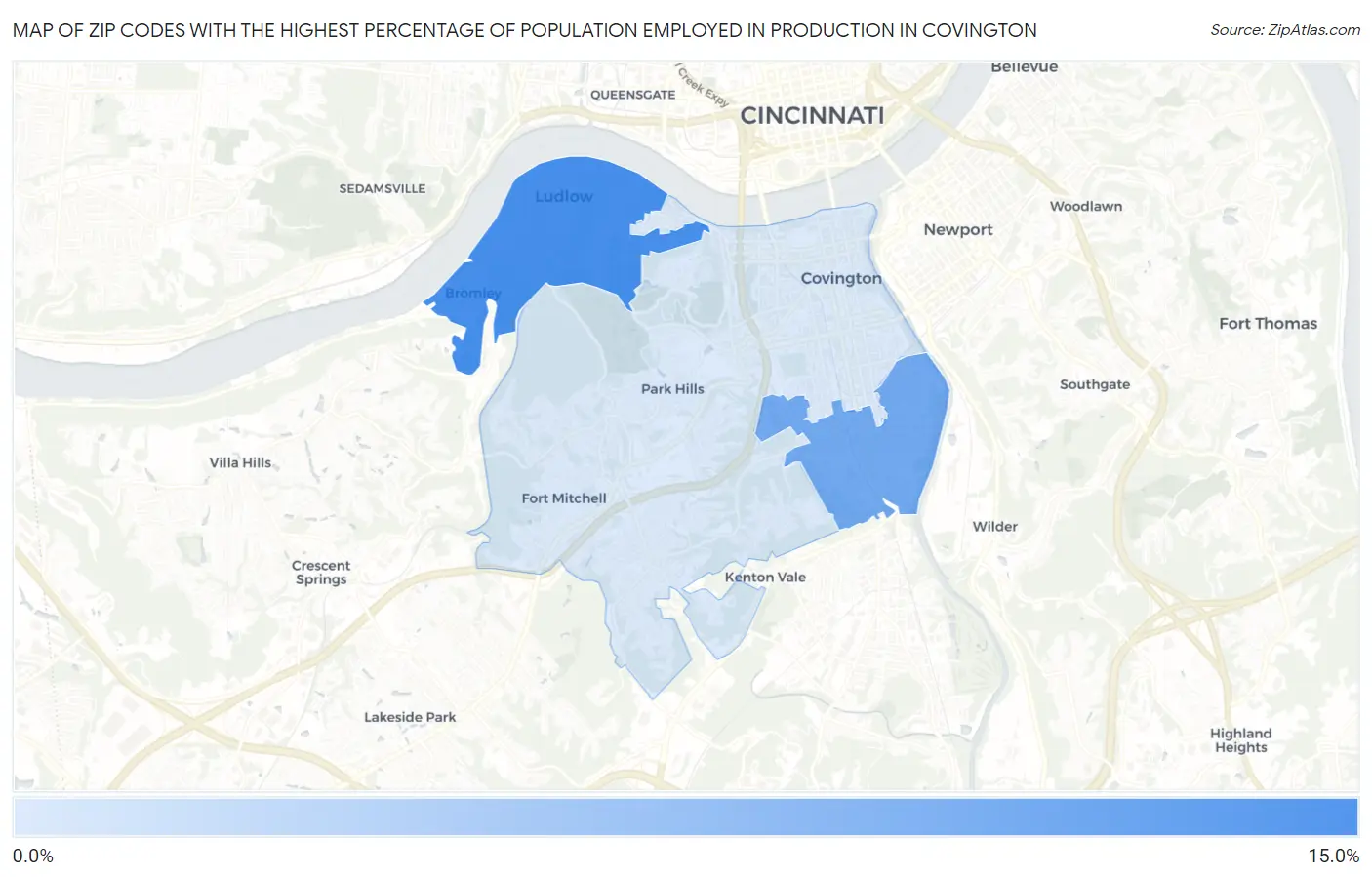 Zip Codes with the Highest Percentage of Population Employed in Production in Covington Map