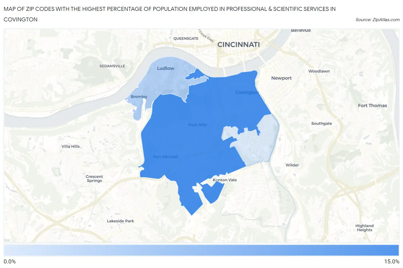 Zip Codes with the Highest Percentage of Population Employed in Professional & Scientific Services in Covington Map
