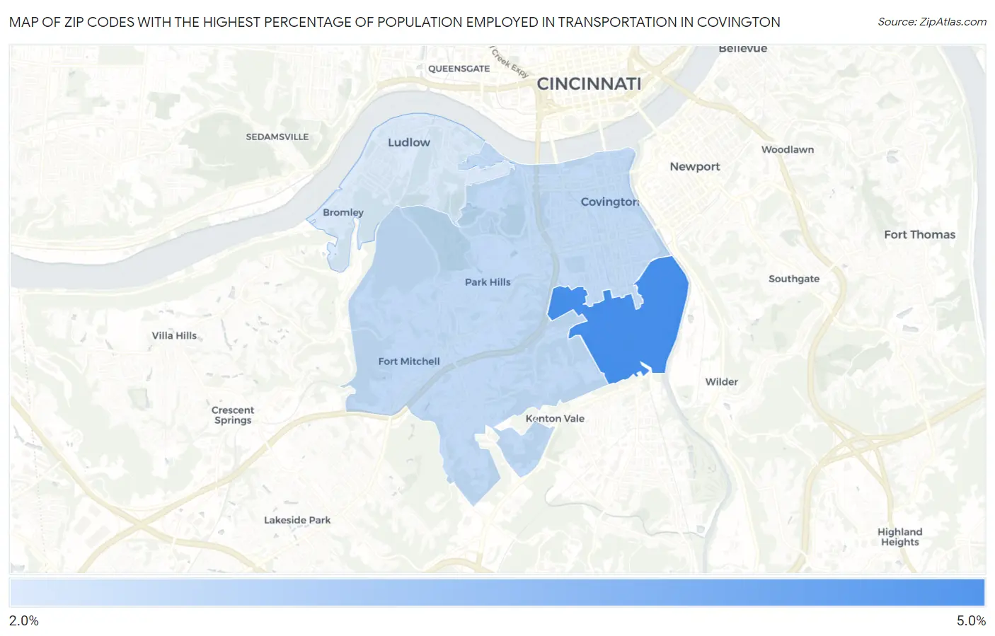 Zip Codes with the Highest Percentage of Population Employed in Transportation in Covington Map