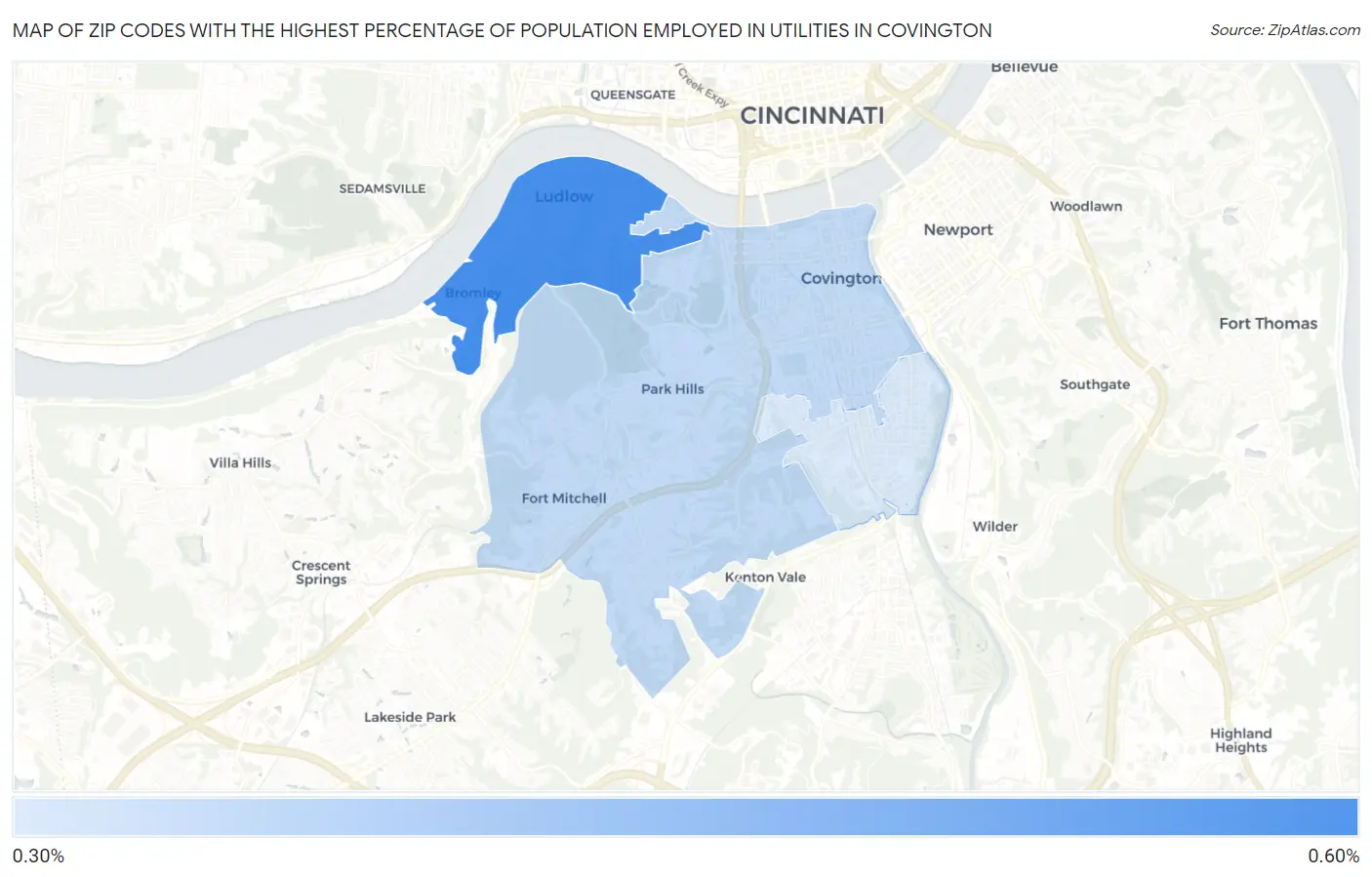 Zip Codes with the Highest Percentage of Population Employed in Utilities in Covington Map