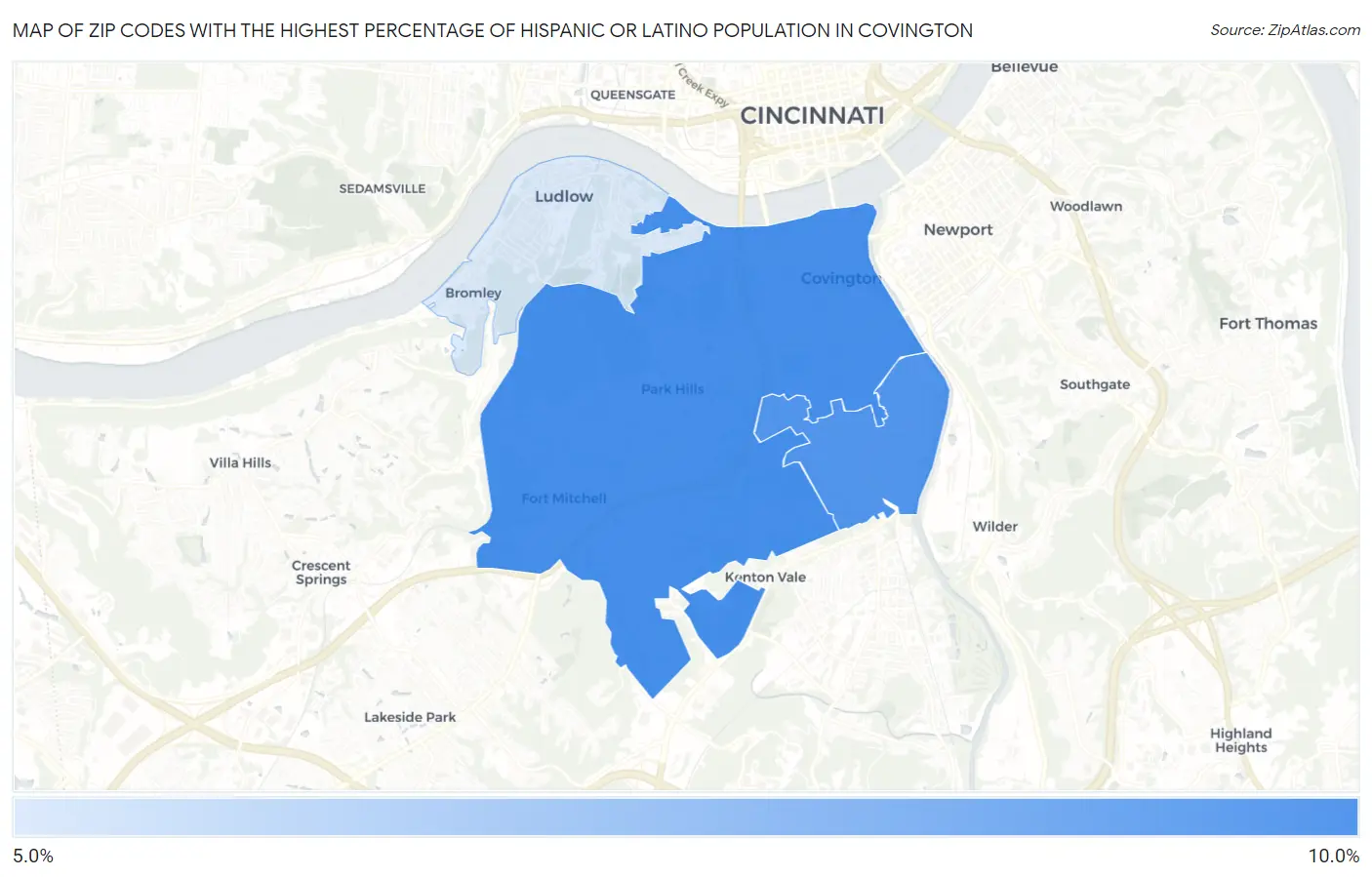 Zip Codes with the Highest Percentage of Hispanic or Latino Population in Covington Map