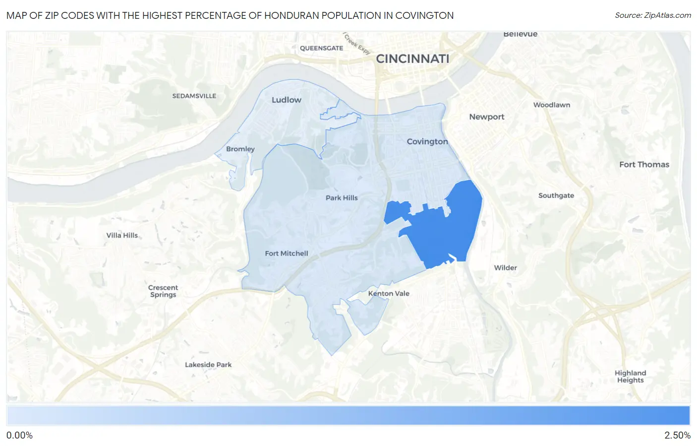 Zip Codes with the Highest Percentage of Honduran Population in Covington Map