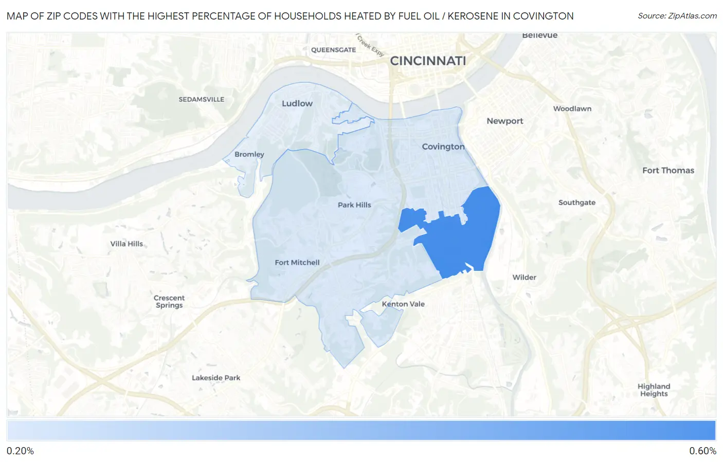 Zip Codes with the Highest Percentage of Households Heated by Fuel Oil / Kerosene in Covington Map