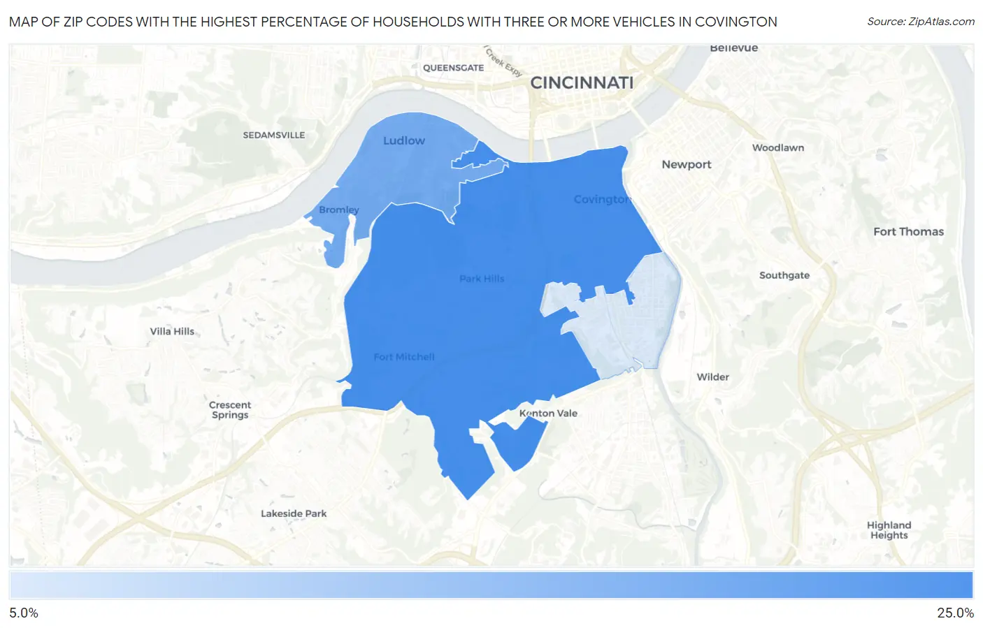 Zip Codes with the Highest Percentage of Households With Three or more Vehicles in Covington Map