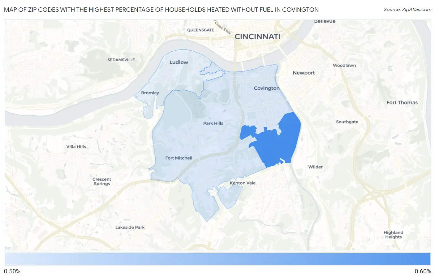Zip Codes with the Highest Percentage of Households Heated without Fuel in Covington Map